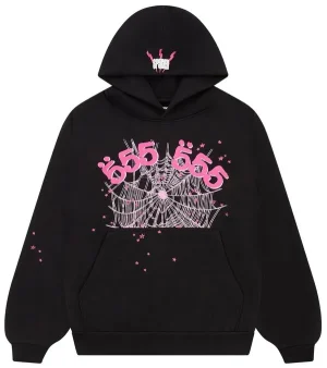 Sp5der Angel Number Hoodie Black Pink 555