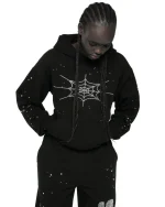Sp5der Black Rhinestone Silk Hoodie 4