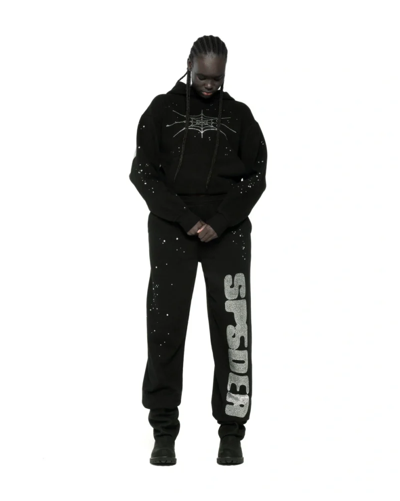 Sp5der Black Rhinestone Silk Hoodie 8