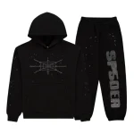 Sp5der Black Rhinestone Silk Tracksuit