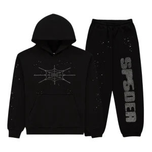 Sp5der Black Rhinestone Silk Tracksuit