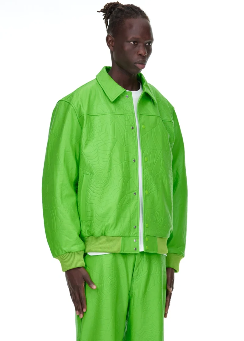 Sp5der Debossed Web Leather Green Jacket 4