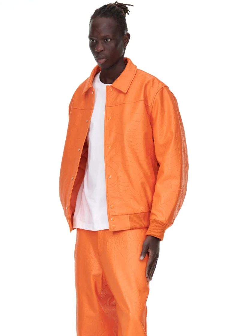 Sp5der Debossed Web Leather Orange Jacket 2
