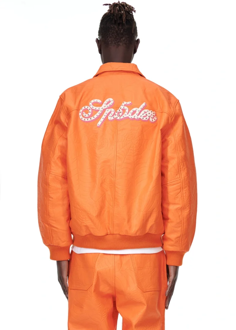 Sp5der Debossed Web Leather Orange Jacket 3