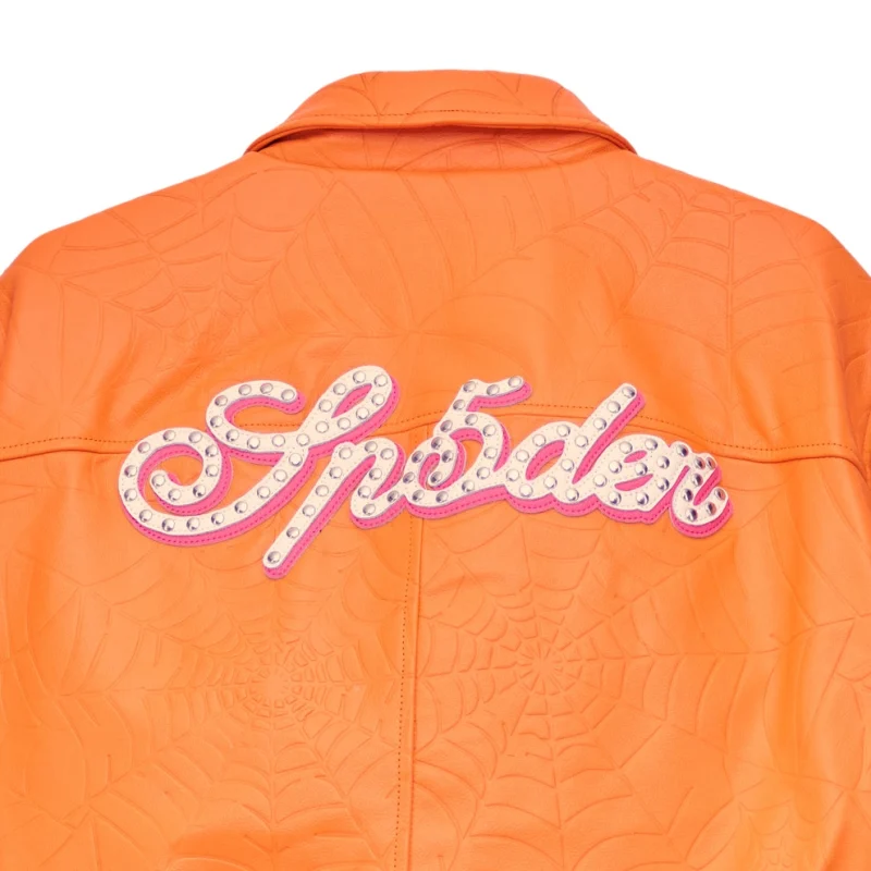 Sp5der Debossed Web Leather Orange Jacket 6