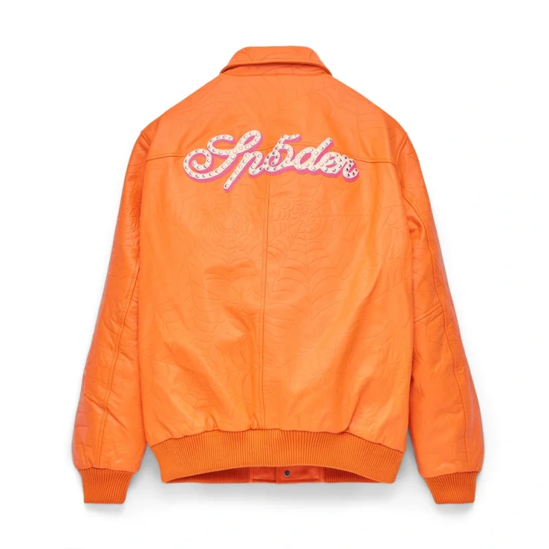 Sp5der Debossed Web Leather Orange Jacket 7
