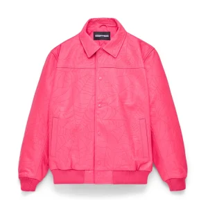 Sp5der Debossed Web Leather Pink Jacket