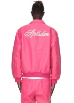 Sp5der Debossed Web Leather Pink Jacket 4