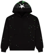 sp5der heavy web green star hoodie black