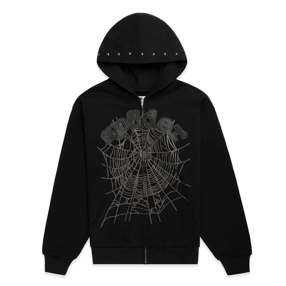 Sp5der Og Web Studded Zip Black Hoodie
