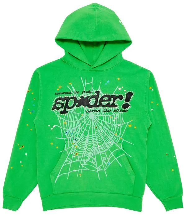 Sp5der Punk V2 Rhinestone Bright Green Hoodie Sp5der Punk V2 Rhinestone Bright Green Hoodie
