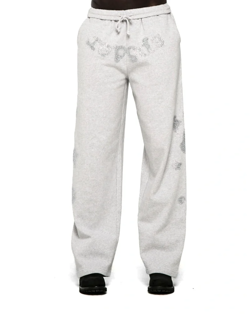 Sp5der Rhinestone Beluga V2 Wide Leg Heather Grey Sweatpant 2