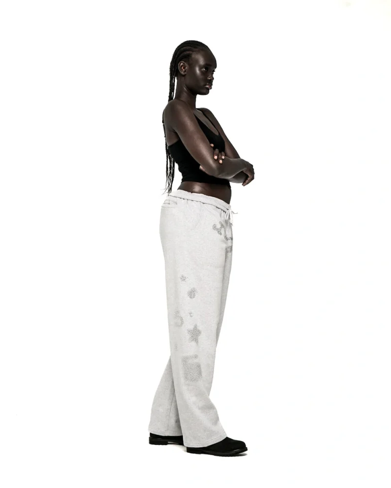Sp5der Rhinestone Beluga V2 Wide Leg Heather Grey Sweatpant 5