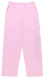 Sp5der Rhinestone Script Wide Leg Light Pink Sweatpant