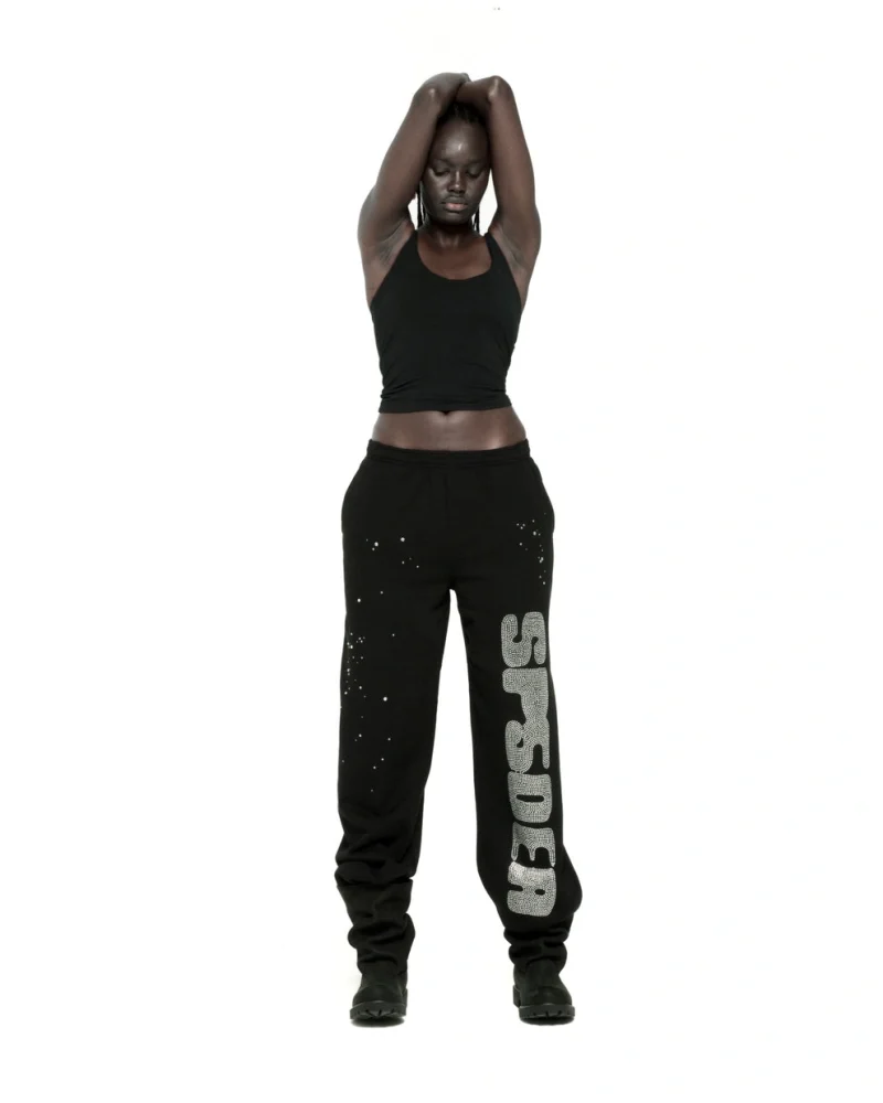 Sp5der Rhinestone Silk Black Sweatpant 6