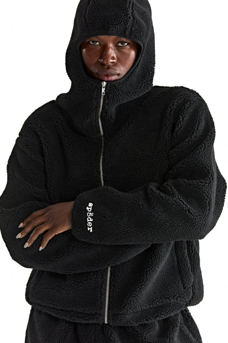Sp5der Teddy Fleece Zip Up Black Jacket 7