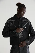 Sp5der Web Denim Cropped Trucker Black Jacket 1