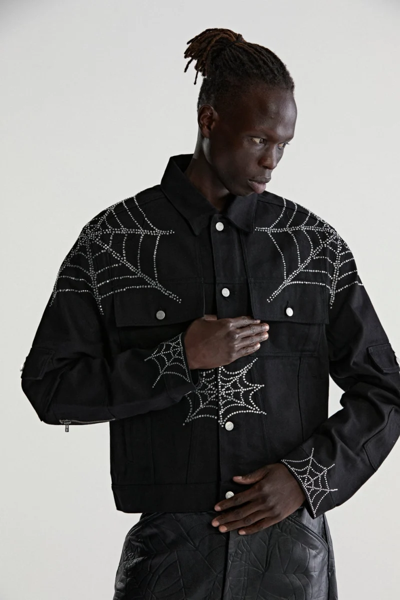 Sp5der Web Denim Cropped Trucker Black Jacket 1