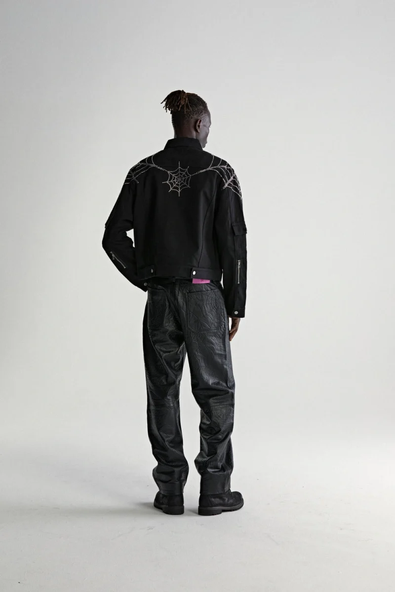 Sp5der Web Denim Cropped Trucker Black Jacket 10