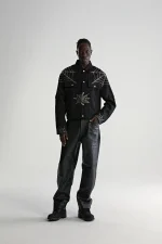 Sp5der Web Denim Cropped Trucker Black Jacket 11