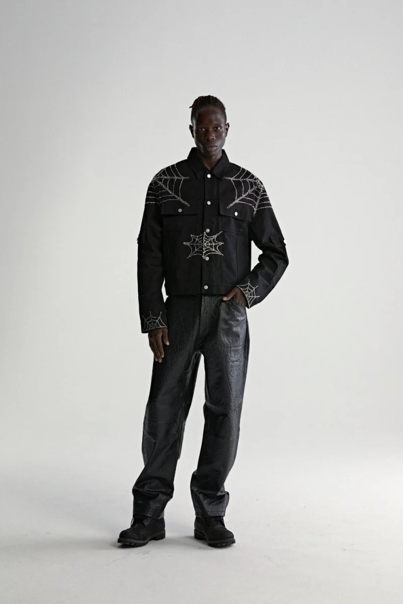 Sp5der Web Denim Cropped Trucker Black Jacket 11