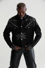 Sp5der Web Denim Cropped Trucker Black Jacket 2