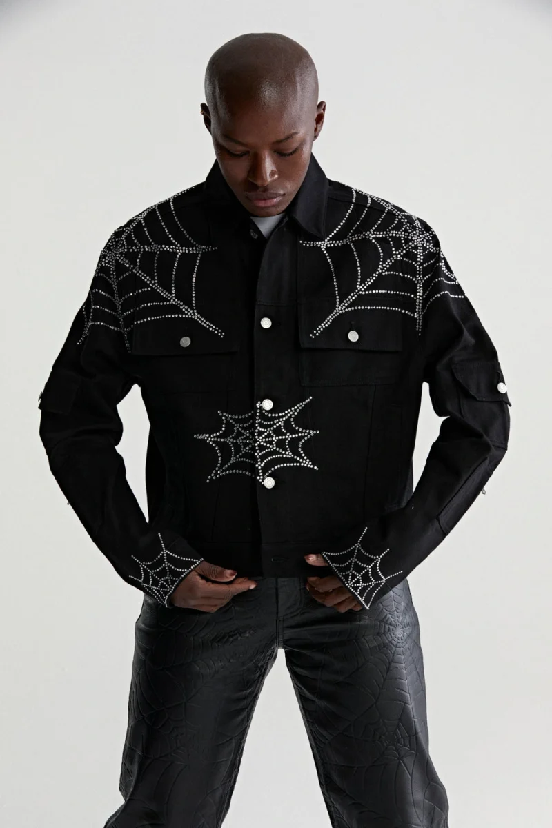 Sp5der Web Denim Cropped Trucker Black Jacket 2