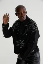 Sp5der Web Denim Cropped Trucker Black Jacket 3