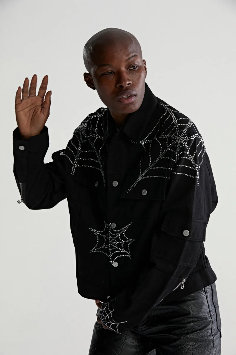 Sp5der Web Denim Cropped Trucker Black Jacket 3