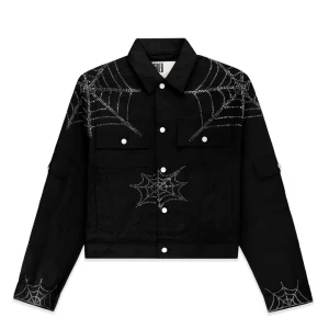 Sp5der Web Denim Cropped Trucker Black Jacket