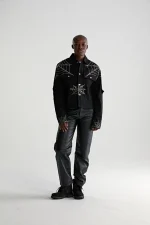 Sp5der Web Denim Cropped Trucker Black Jacket 4