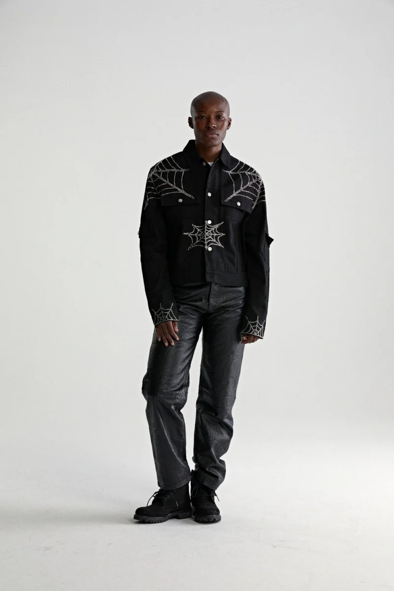Sp5der Web Denim Cropped Trucker Black Jacket 4
