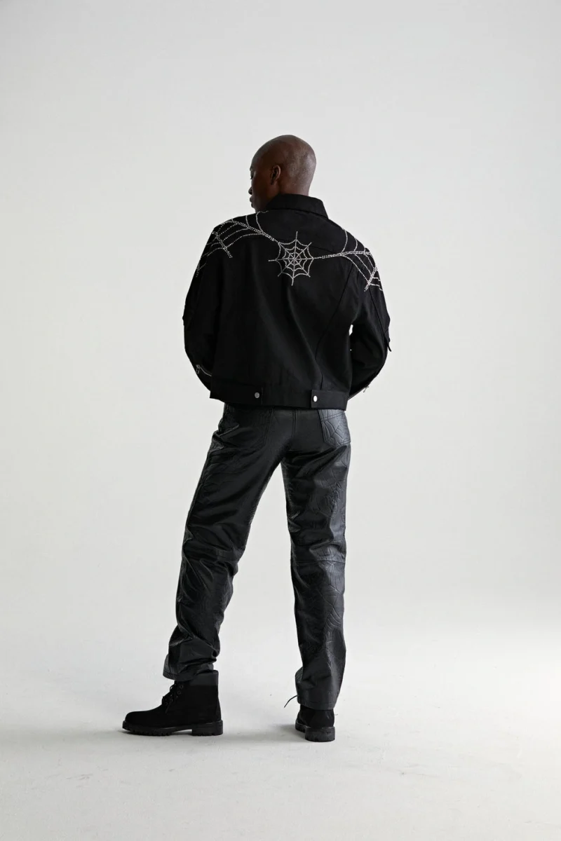 Sp5der Web Denim Cropped Trucker Black Jacket 5