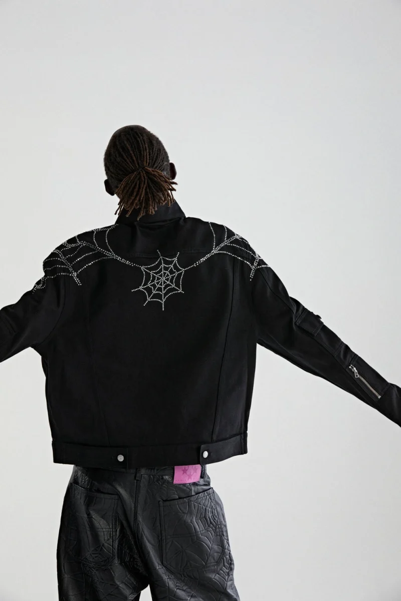 Sp5der Web Denim Cropped Trucker Black Jacket 6