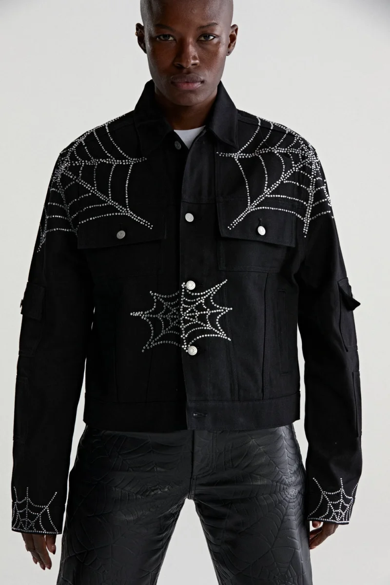 Sp5der Web Denim Cropped Trucker Black Jacket 7