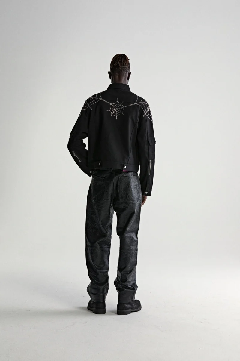 Sp5der Web Denim Cropped Trucker Black Jacket 8