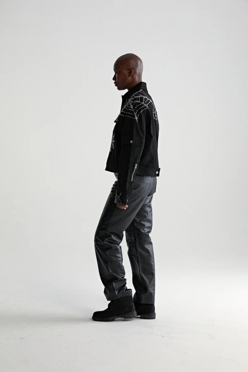 Sp5der Web Denim Cropped Trucker Black Jacket 9