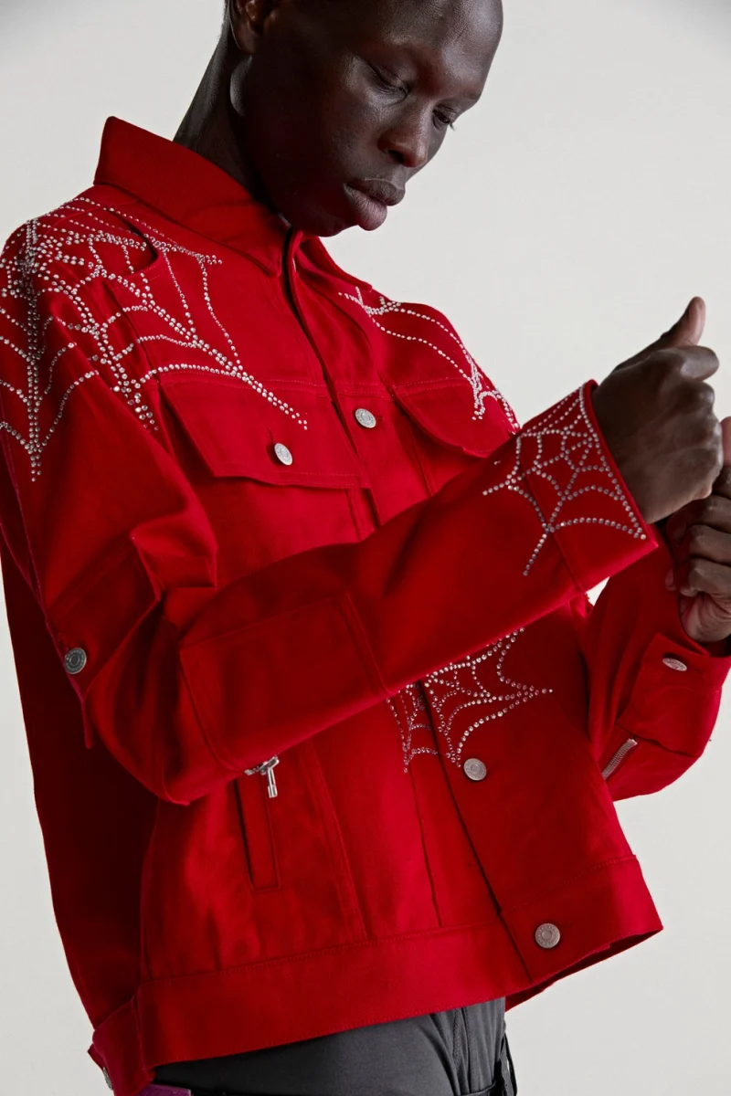 Sp5der Web Denim Cropped Trucker Red Jacket 1