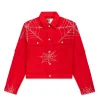 Sp5der Web Denim Cropped Trucker Red Jacket