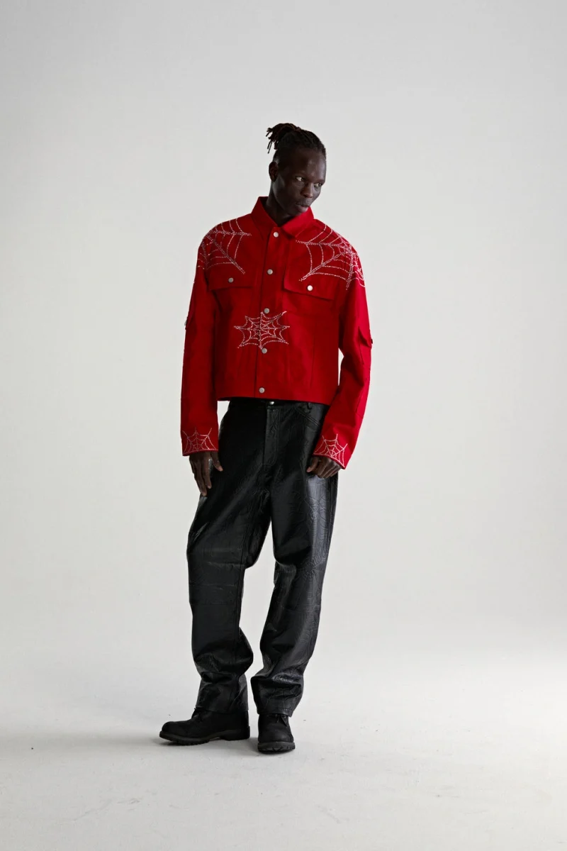 Sp5der Web Denim Cropped Trucker Red Jacket 11
