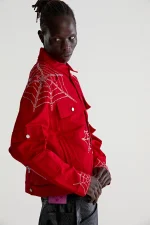 Sp5der Web Denim Cropped Trucker Red Jacket 2