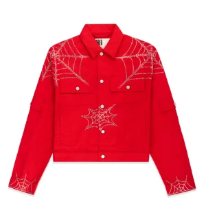 Sp5der Web Denim Cropped Trucker Red Jacket