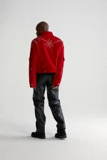 Sp5der Web Denim Cropped Trucker Red Jacket 4