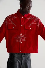 Sp5der Web Denim Cropped Trucker Red Jacket 5