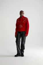 Sp5der Web Denim Cropped Trucker Red Jacket 7