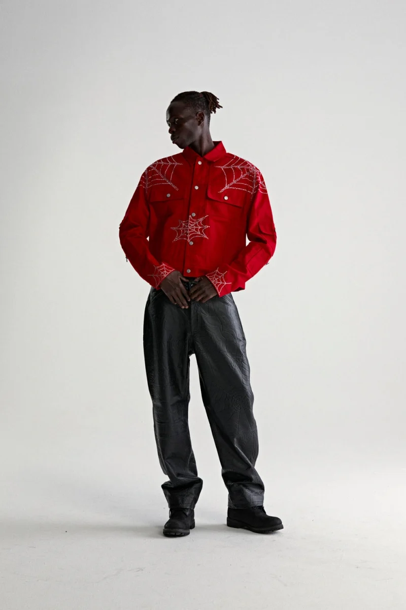 Sp5der Web Denim Cropped Trucker Red Jacket 9