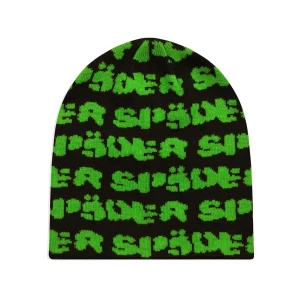 Spider Black Green Fuzzy Logo Skully Beanie