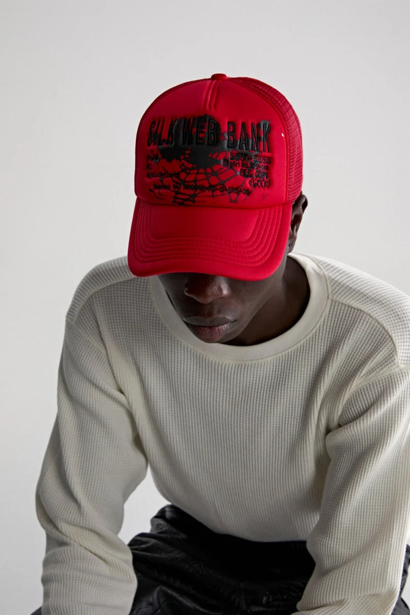 Spider Red Silk Web Bank Trucker Hat 1
